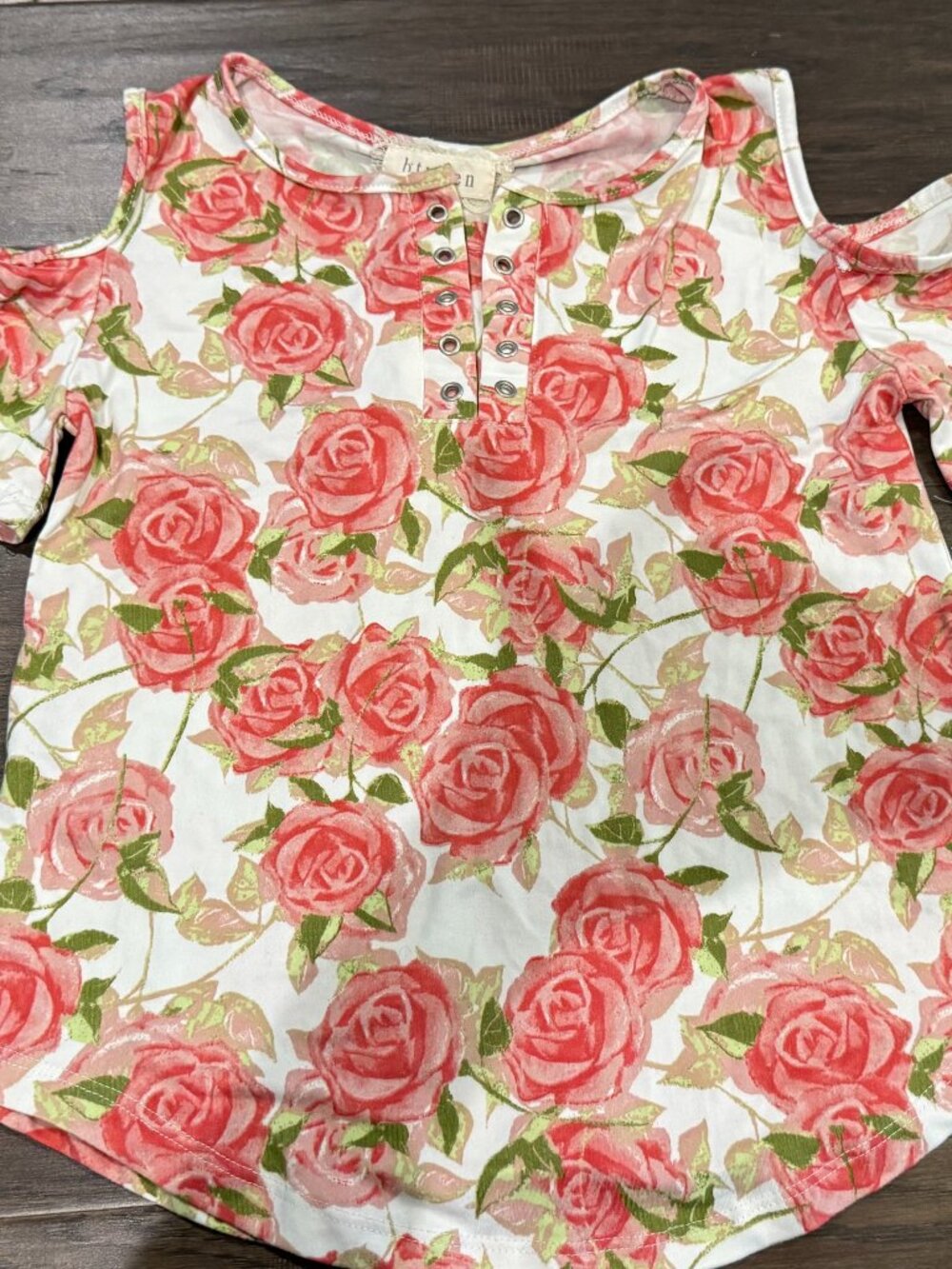 btween Top New Girls 7 / 8 Floral Roses Pink Green Shirt cutout shoulder